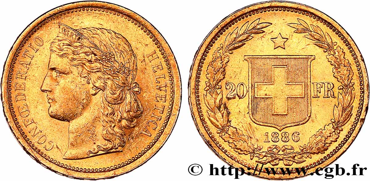 SUISSE 20 Francs Helvetia 1886 Berne TTB+ 