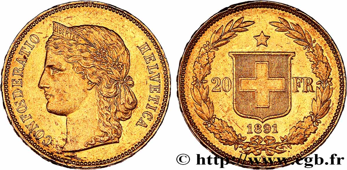 SUISSE 20 Francs or Helvetia 1891 Berne TTB+ 