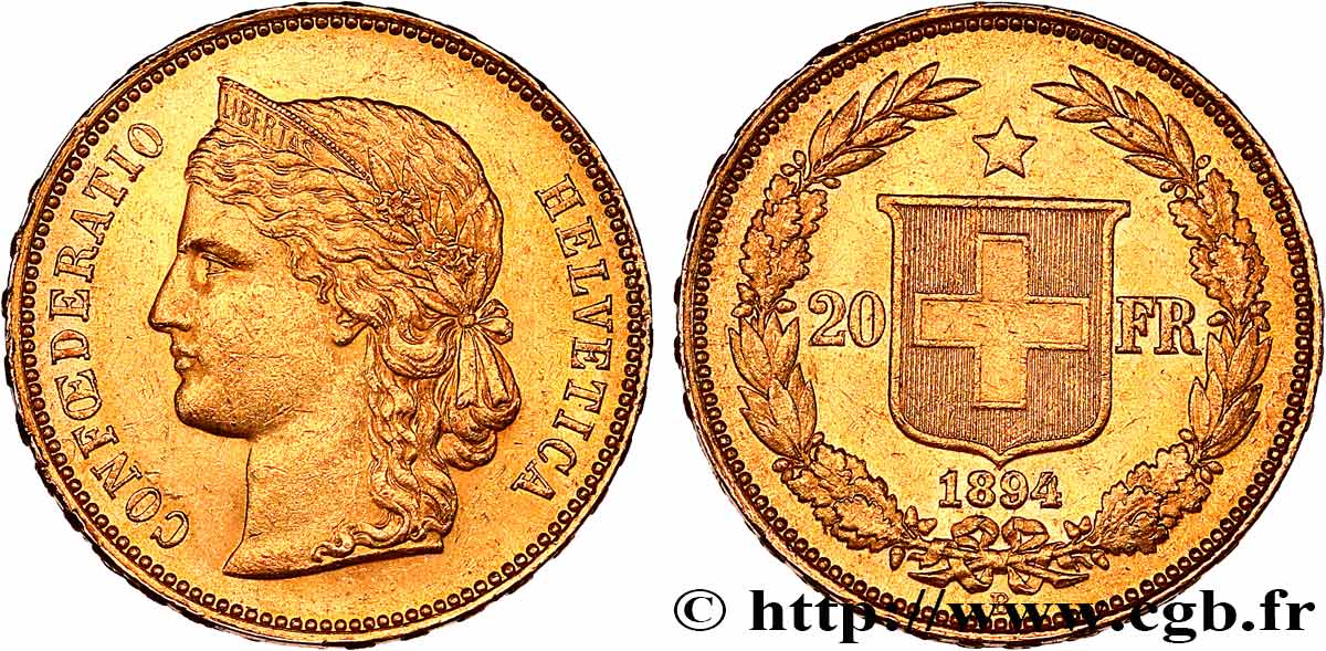 SUISSE 20 Francs Helvetia 1894 Berne SUP 