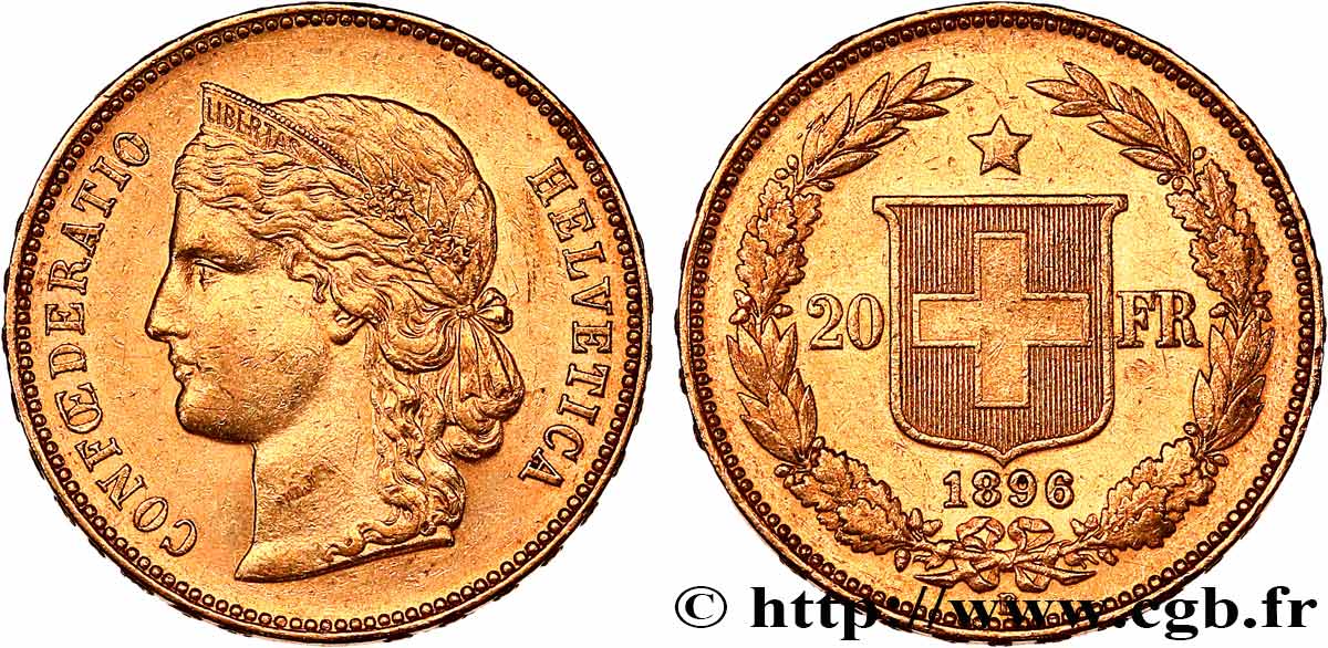 SCHWEIZ 20 Francs Helvetia 1896 Berne fVZ 