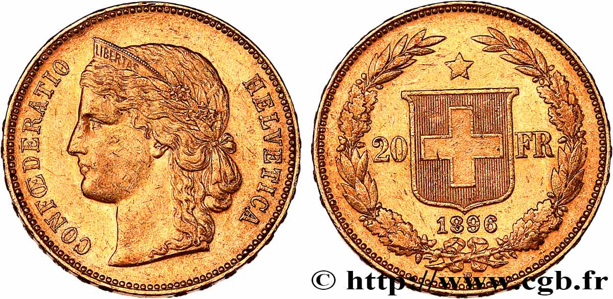SWITZERLAND 20 Francs Helvetia 1896 Berne AU 