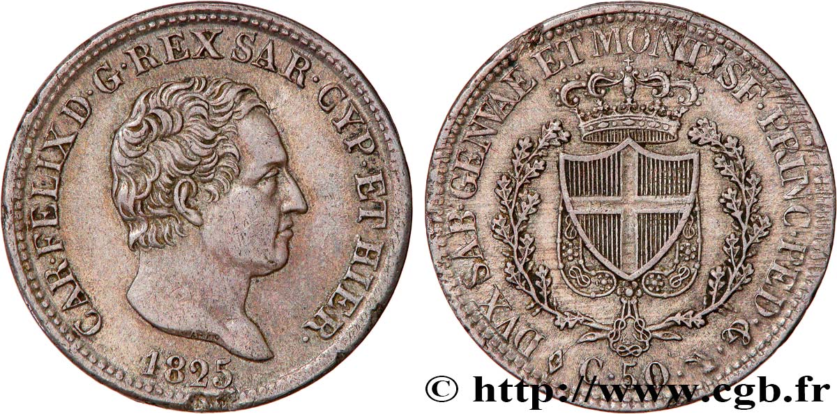 ITALY - KINGDOM OF SARDINIA - CHARLES-FELIX 50 Centesimi  1825 Turin XF 