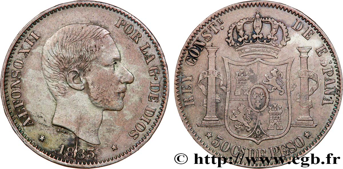 PHILIPPINES 50 Centimos de Peso Alphonse XII 1883 Manille TTB 