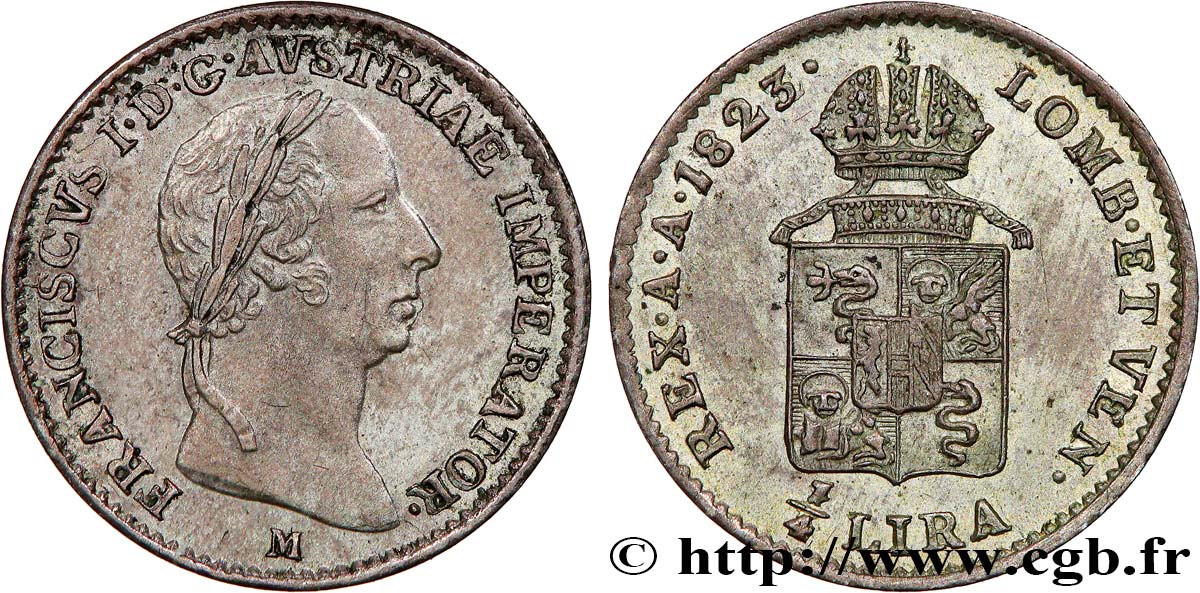 KINGDOM OF LOMBARDY-VENETIA - FRANCIS I 1/4 Lire  1823 Milan AU 