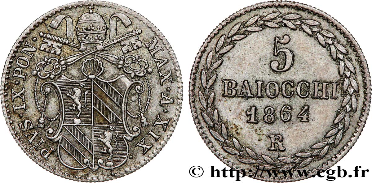 ITALY - PAPAL STATES - PIUS IX (Giovanni Maria Mastai Ferretti) 5 Baiocchi an XIX 1864 Rome AU 