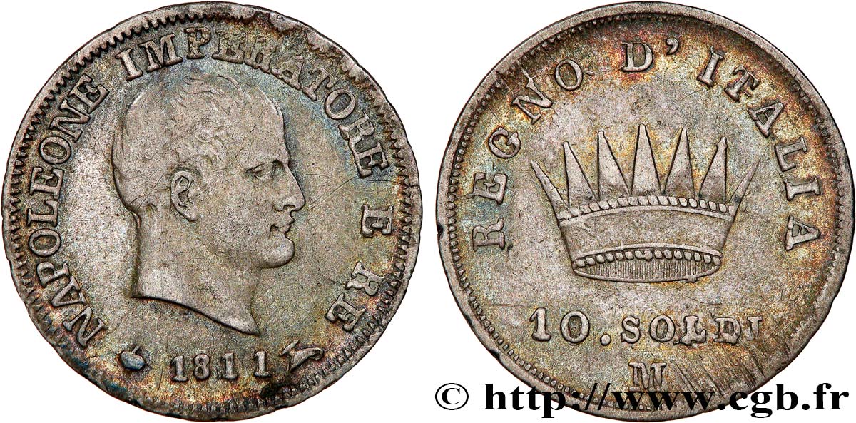 ITALIE - ROYAUME D ITALIE - NAPOLÉON Ier 10 Soldi Napoléon Empereur et Roi d’Italie 1811 Milan - M TB+ 