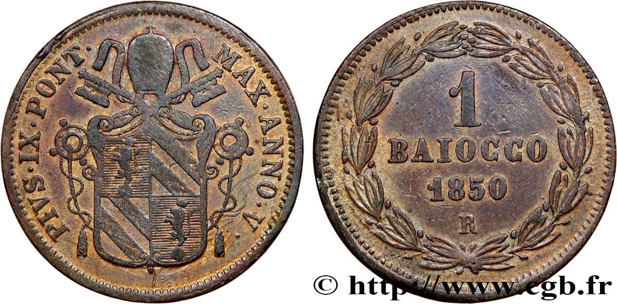 ITALY - PAPAL STATES - PIUS IX (Giovanni Maria Mastai Ferretti) 1 Baiocco an V 1850 Rome XF 