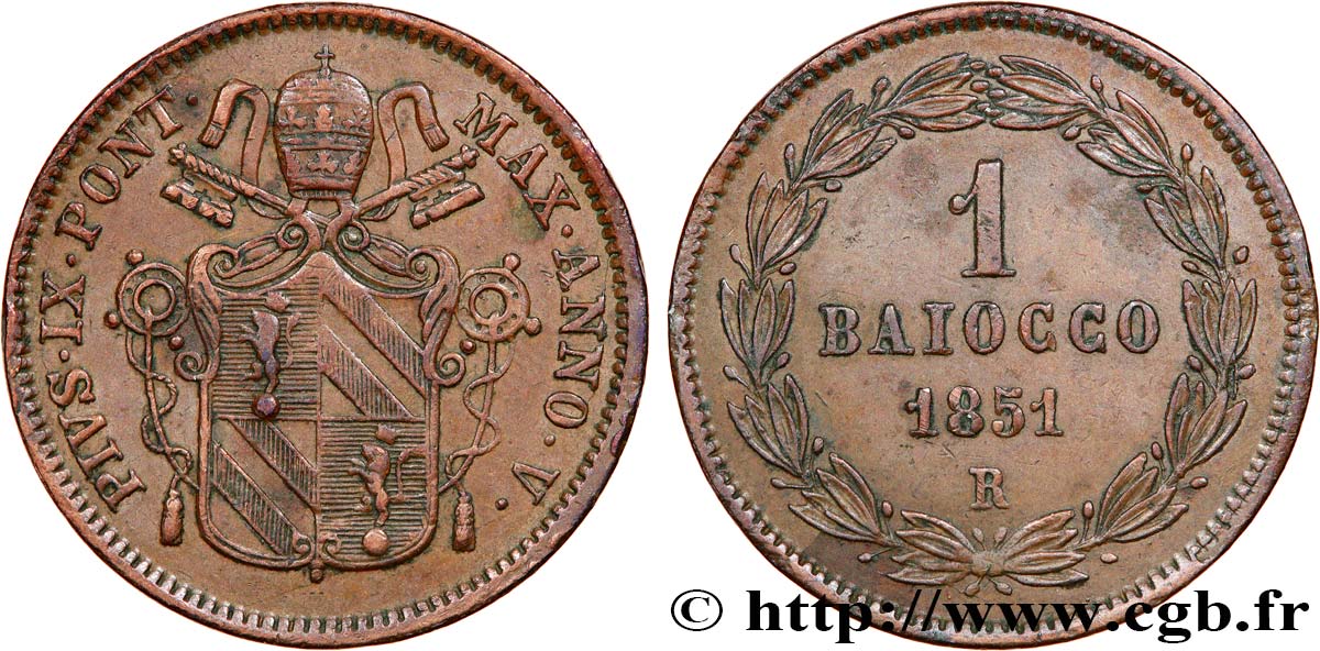 ITALY - PAPAL STATES - PIUS IX (Giovanni Maria Mastai Ferretti) 1 Baiocco an V 1851 Rome XF 