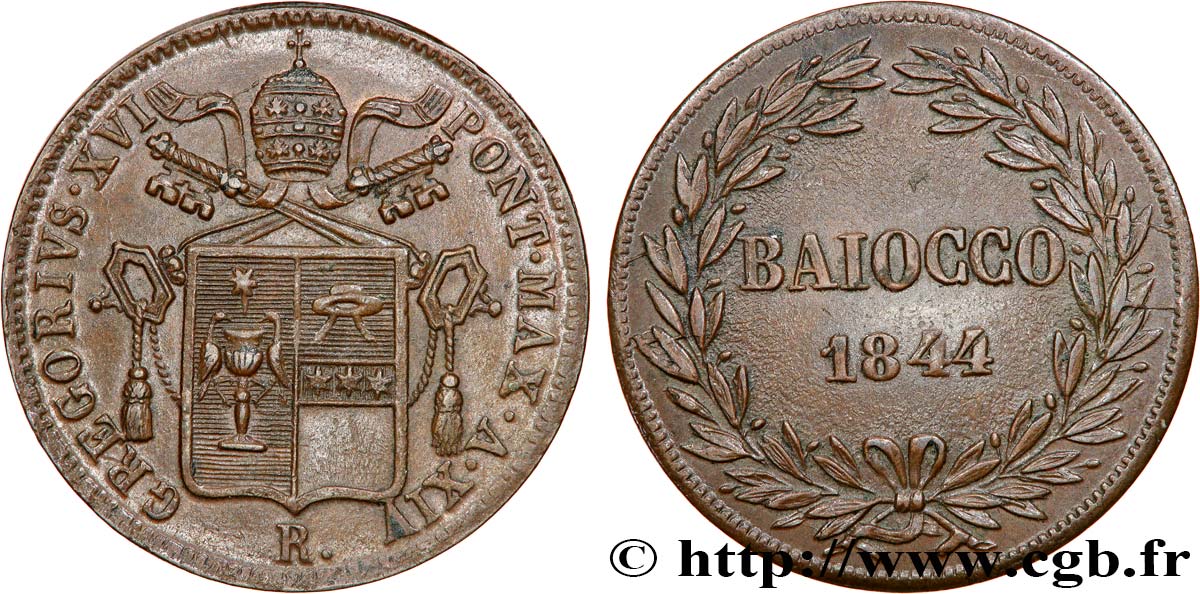 ITALY - PAPAL STATES - GREGORY XVI (Bartolomeo Alberto Cappellari) 1 Baiocco an XIV 1844 Rome AU 