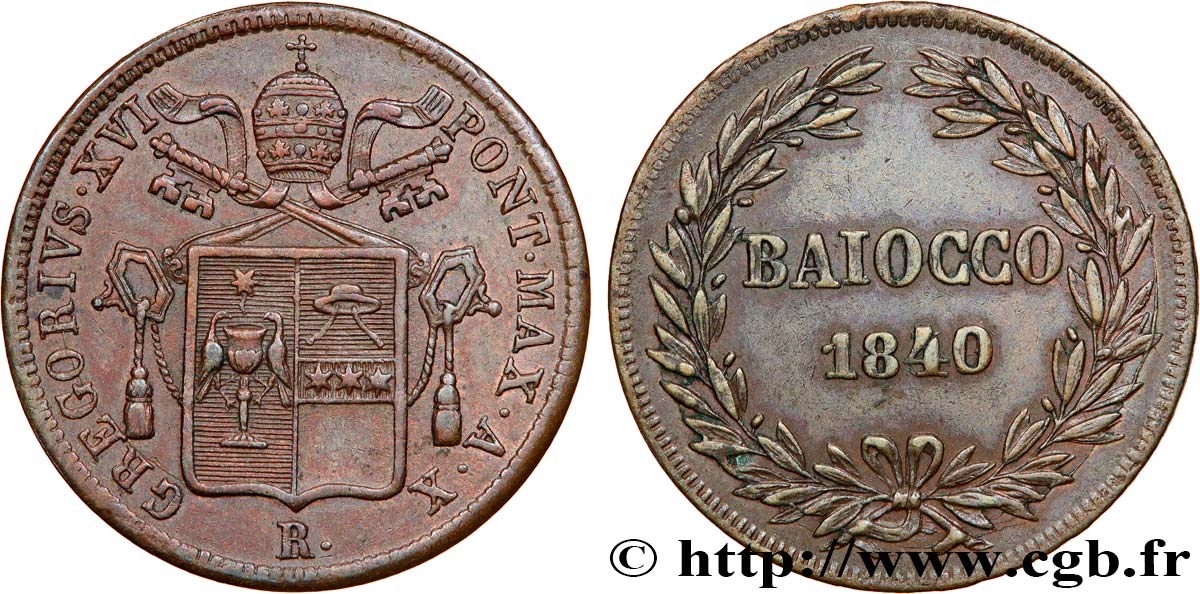 ITALIE - ÉTATS DU PAPE - GRÉGOIRE XVI (Bartolomeo Alberto Cappellari) 1 Baiocco an X 1840 Rome TTB 