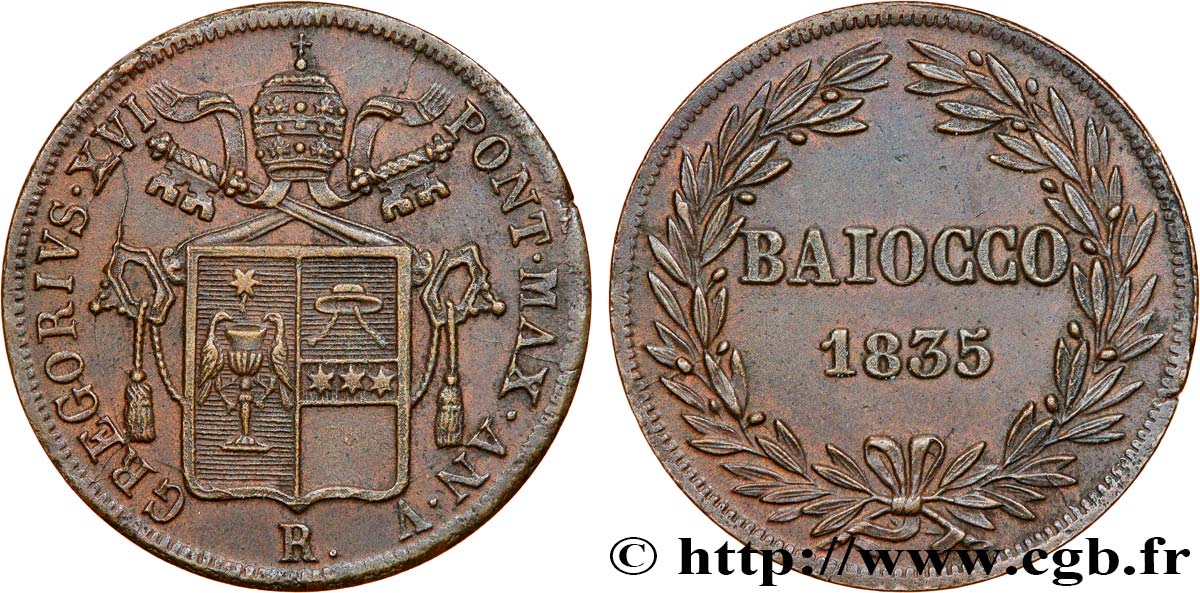 ITALY - PAPAL STATES - GREGORY XVI (Bartolomeo Alberto Cappellari) 1 Baiocco an V 1835 Rome AU 