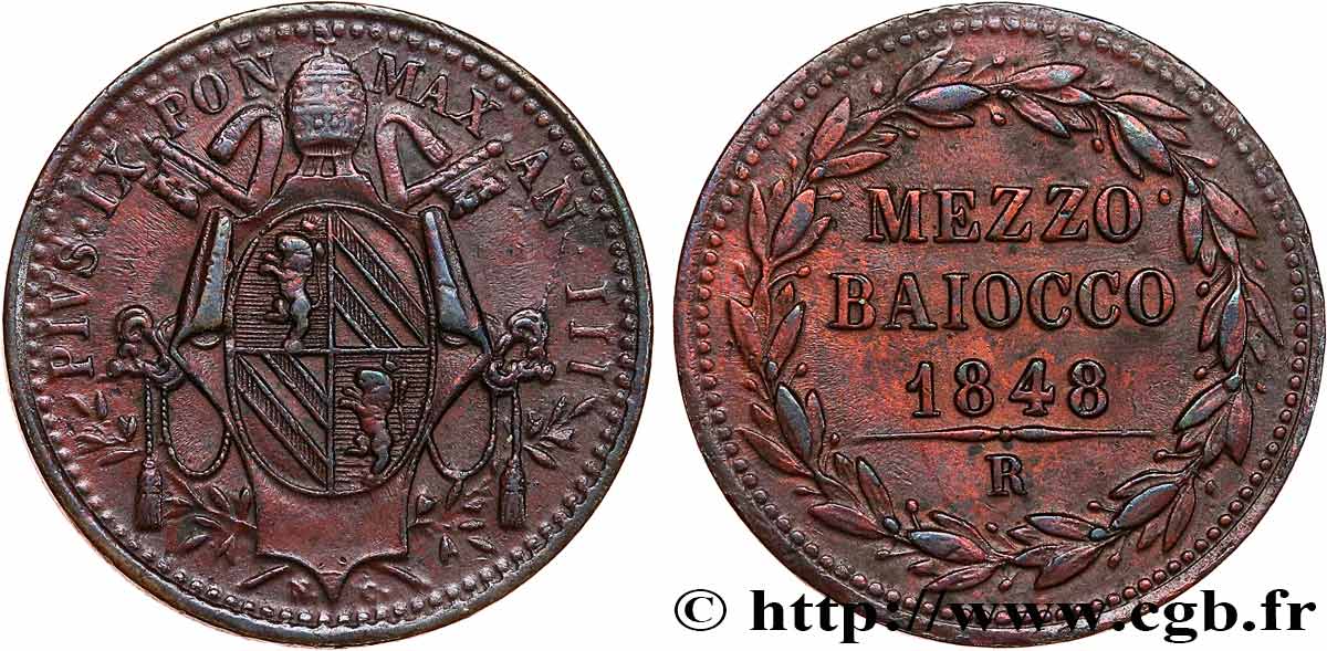 ITALIE - ÉTATS DU PAPE - PIE IX (Jean-Marie Mastai Ferretti) 1/2 Baiocco an IV 1848 Rome TTB+ 