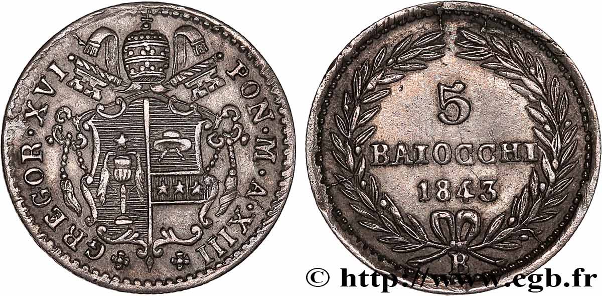 ITALY - PAPAL STATES - GREGORY XVI (Bartolomeo Alberto Cappellari) 5 Baiocchi an XIII 1843 Rome AU 