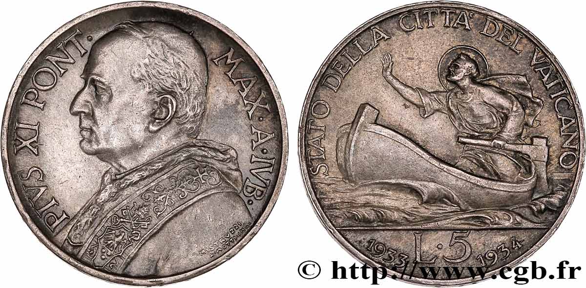 VATIKANSTAAT UND KIRCHENSTAAT 5 Lire Pie XI Saint Pierre sur une barque 1934  VZ 