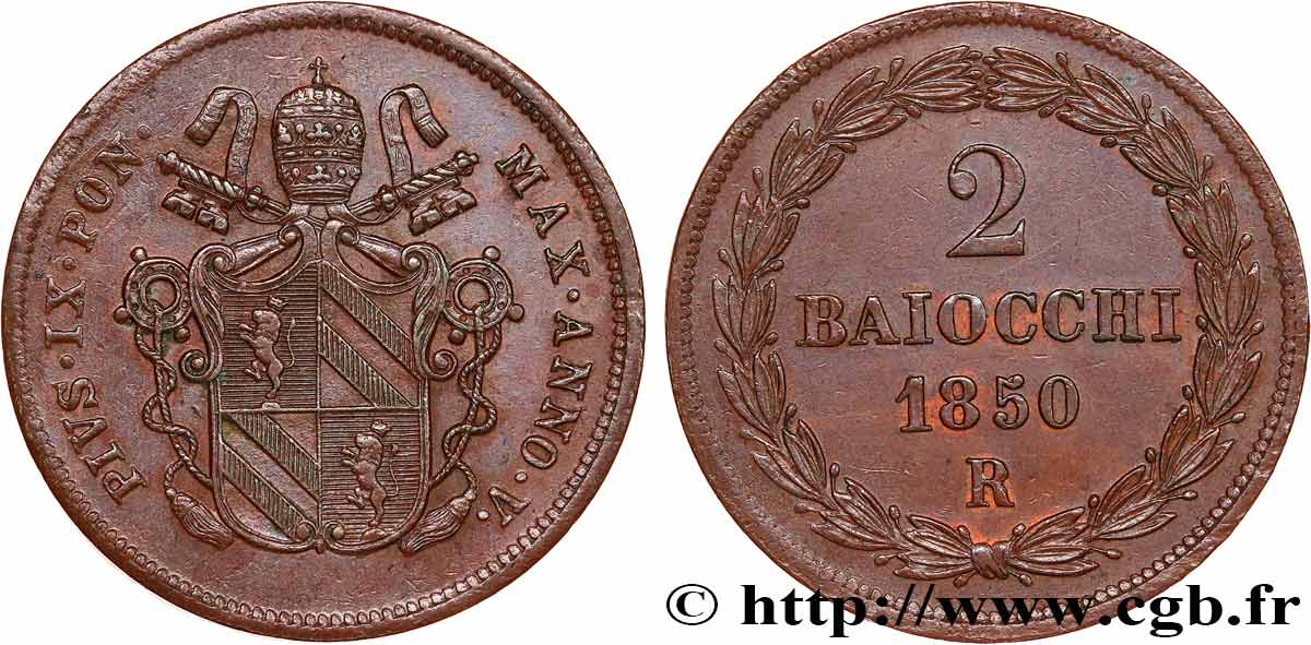 ITALIE - ÉTATS DU PAPE - PIE IX (Jean-Marie Mastai Ferretti) 2 Baiocchi an IV 1850 Rome TTB+ 