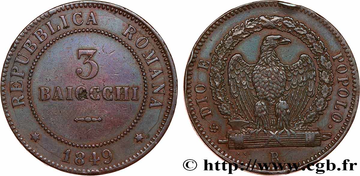 ITALIE - RÉPUBLIQUE ROMAINE 3 Baiocchi 1849 Rome TTB 