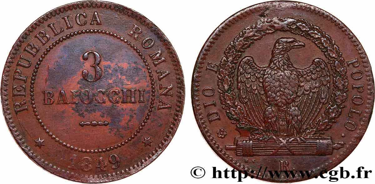 ITALY - ROMAN REPUBLIC 3 Baiocchi 1849 Rome AU 