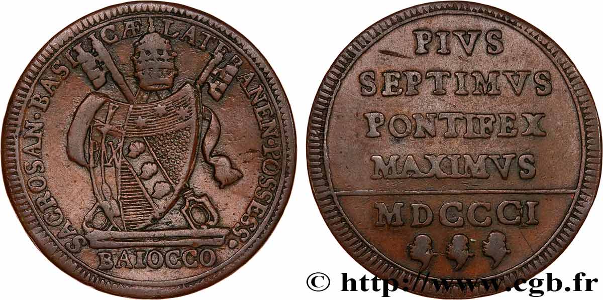 ITALY - PAPAL STATES - PIUS VII (Barnaba Chiaramonti) 1 Baiocco 1801 Rome XF 