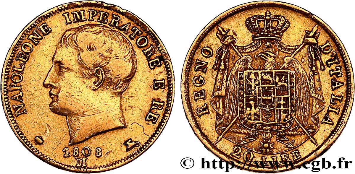 ITALY - KINGDOM OF ITALY - NAPOLEON I 20 Lire 1808 Milan XF 