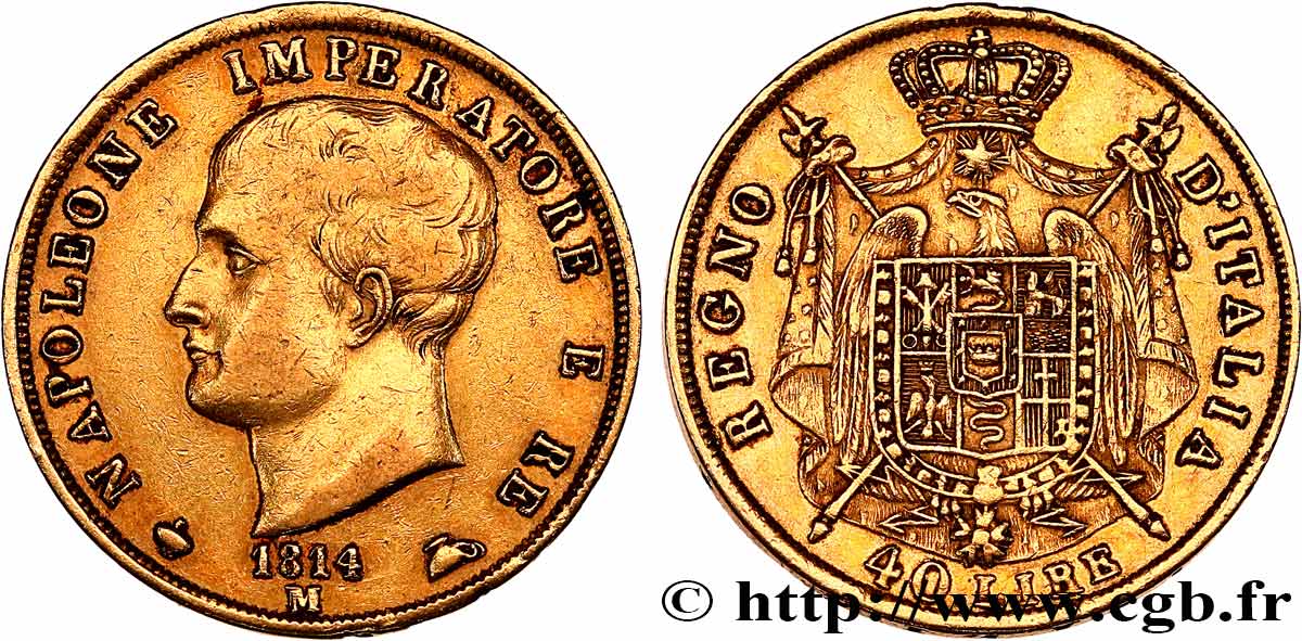 ITALY - KINGDOM OF ITALY - NAPOLEON I 40 Lire 1814 Milan XF/AU 