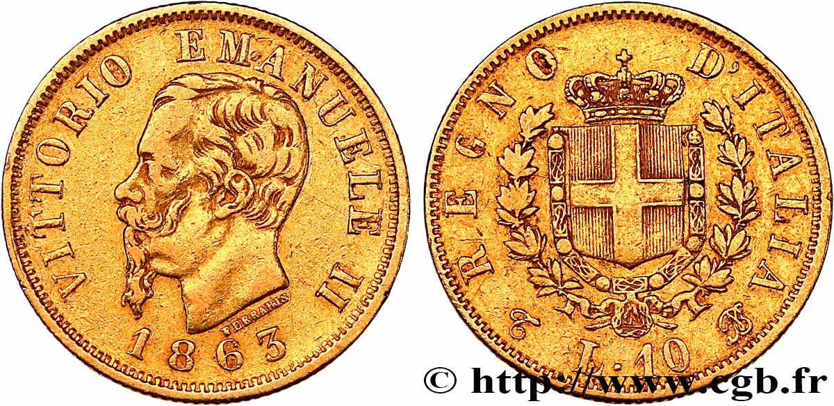 ITALIA - REINO DE ITALIA - VÍCTOR-MANUEL II 10 Lire 1863 Turin BC+ 