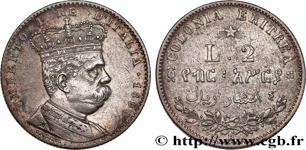ERITREA - KINGDOM OF ITALY - UMBERTO I 2 Lire  1890 Rome XF 