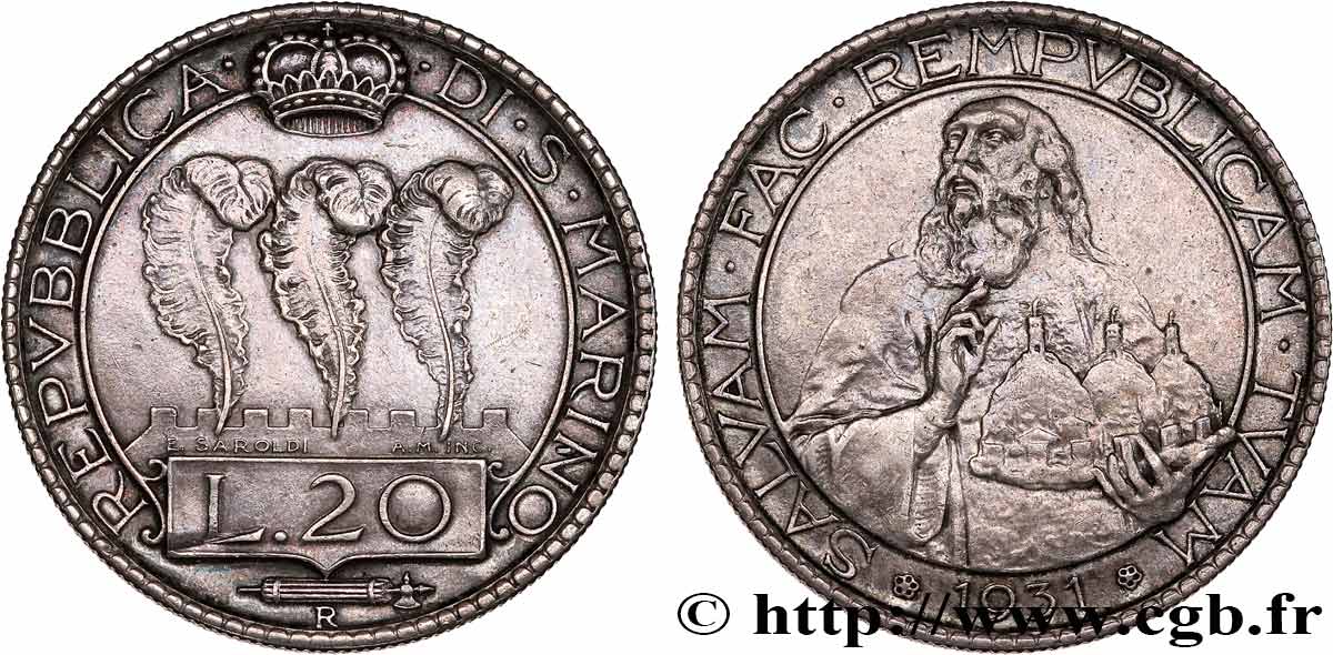 SAINT-MARIN 20 Lire San Marino 1931 Rome - R TTB+ 