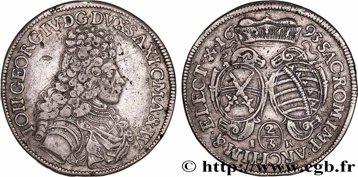 GERMANY - SAXE - DUCHY OF SAXE - JEAN-GEORGES IV 1/3 Thaler  1693 Chemnitz SS 