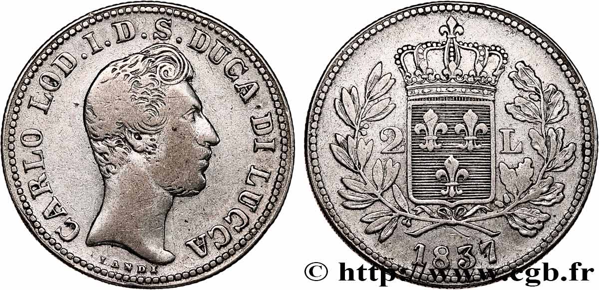 DUCHY OF LUCQUES - CHARLES LOUIS OF BOURBON 2 Lire  1837 Lucques VF/XF 
