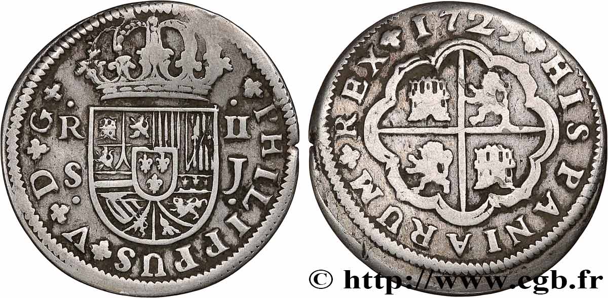 SPAIN - KINGDOM OF SPAIN - PHILIP V OF BOURBON 2 Reales  1723 Séville VF 
