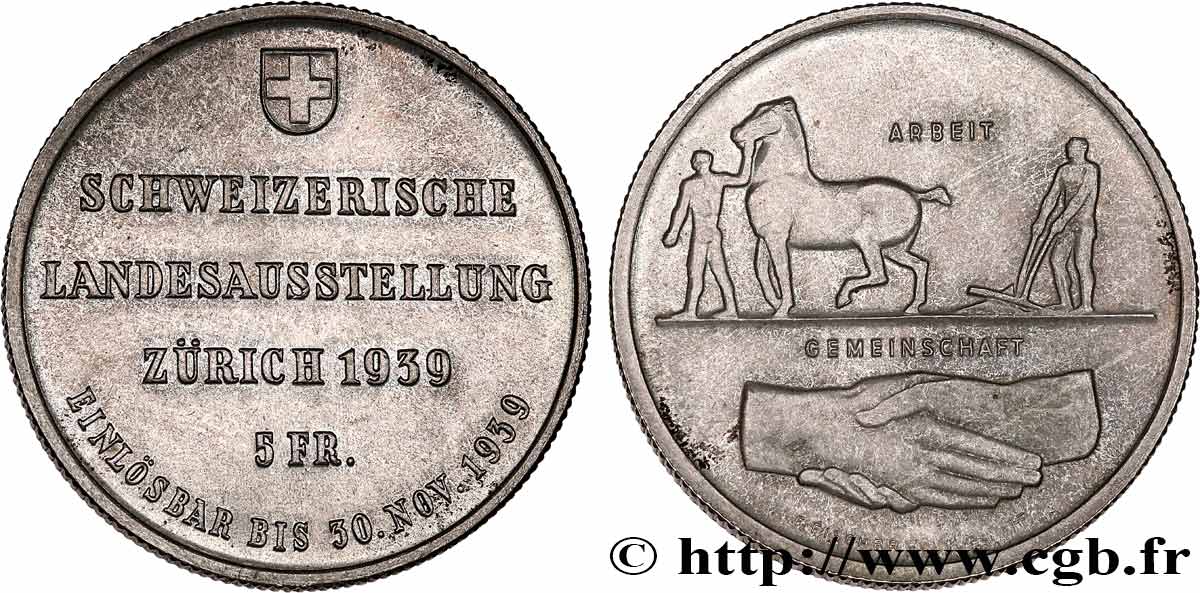 SUISSE 5 Francs Exposition de Zurich 1939 Huguenin - Le Locle TTB+ 