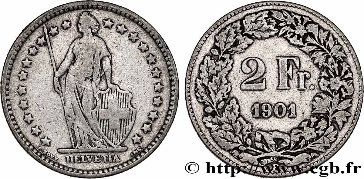 SWITZERLAND 2 Francs Helvetia 1901 Berne - B VF 