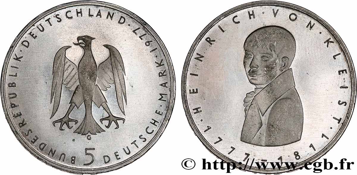 DEUTSCHLAND 5 Mark proof Heinrich von Kleist 1977 Karlsruhe VZ 