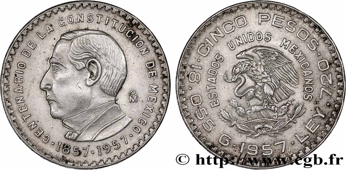 MEXIQUE 5 Pesos 100e anniversaire de la Constitution 1957 Mexico TTB+ 