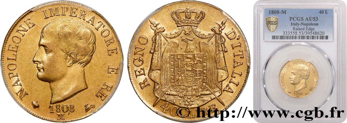 ITALY - KINGDOM OF ITALY - NAPOLEON I 40 Lire 1808 Milan AU53 PCGS