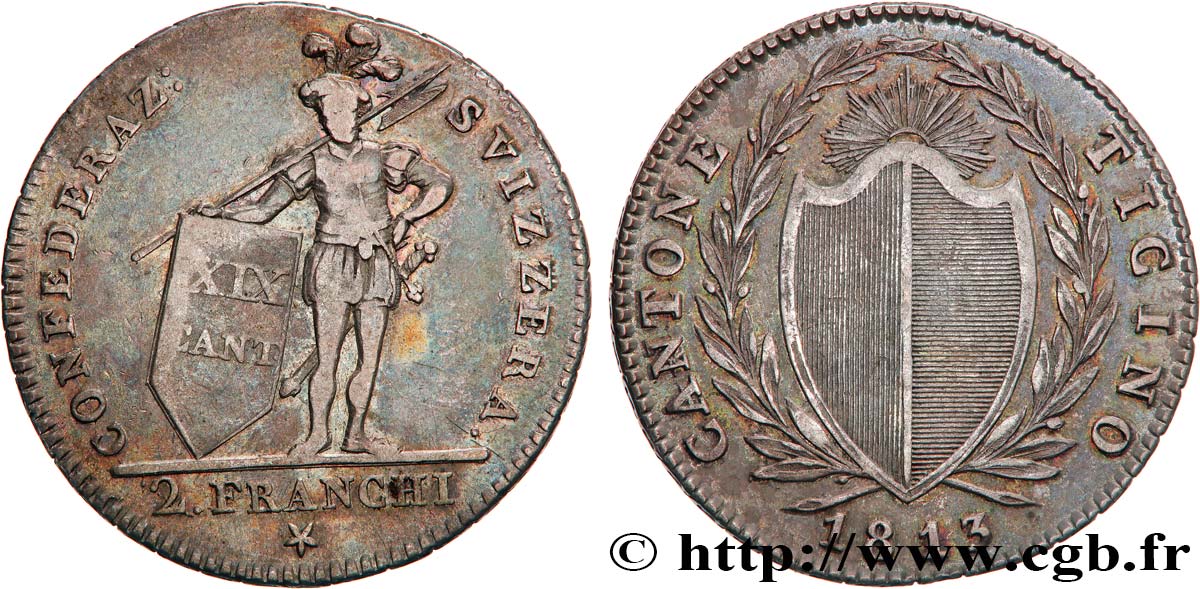 SUISSE - CANTON DU TESSIN 2 Franchi (Francs) 1813 Lucerne TTB 