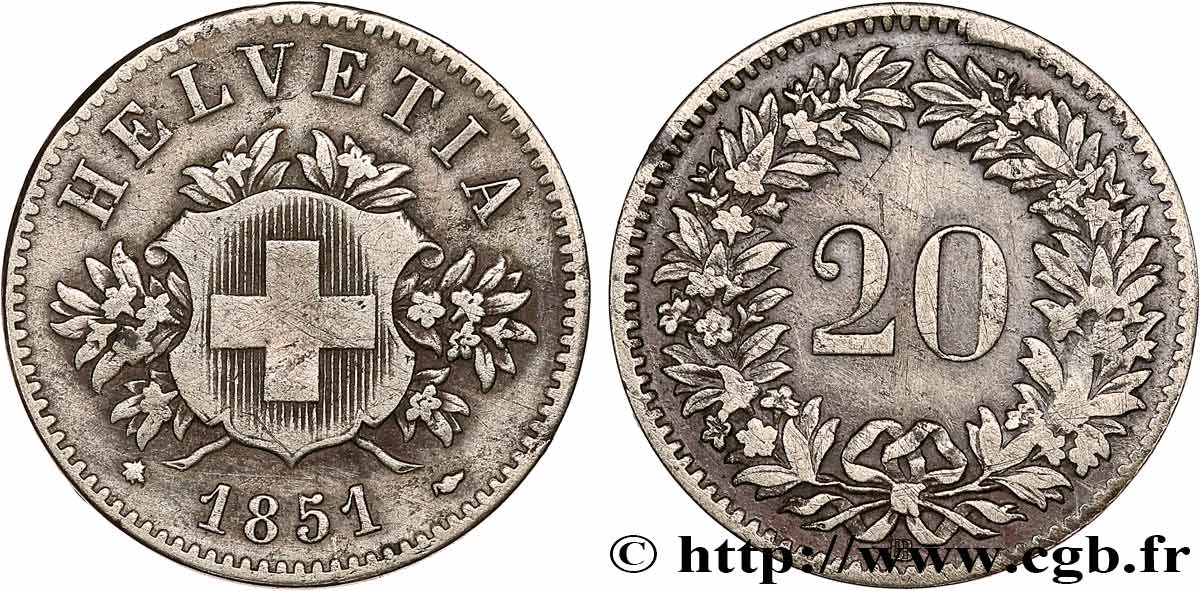 SWITZERLAND 20 Centimes (Rappen) 1851 Strasbourg - BB VF 