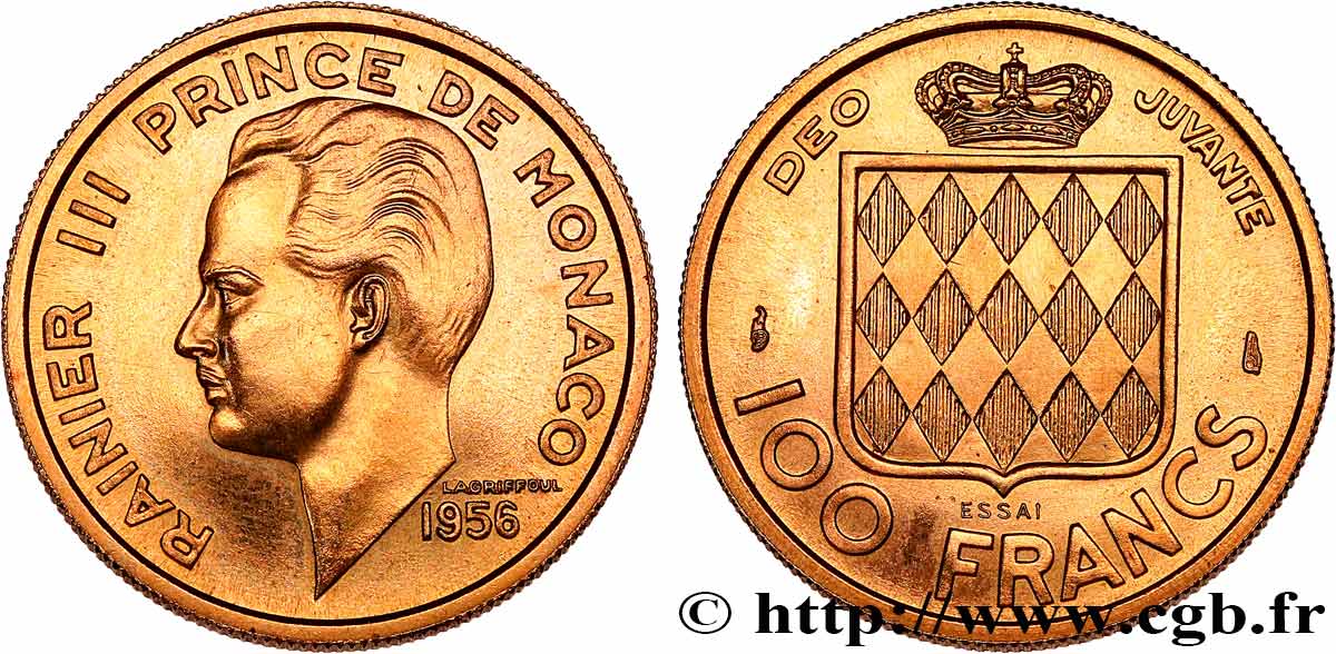 MONACO - FÜRSTENTUM MONACO - RAINIER III. Essai de 100 Francs or  1956 Paris fST 