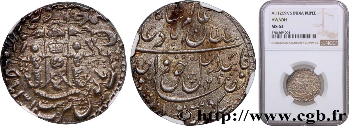INDIA  - AWADH STATE  Roupie AH1269 / 6 - Wajid Ali Shah 1853  fST63 NGC