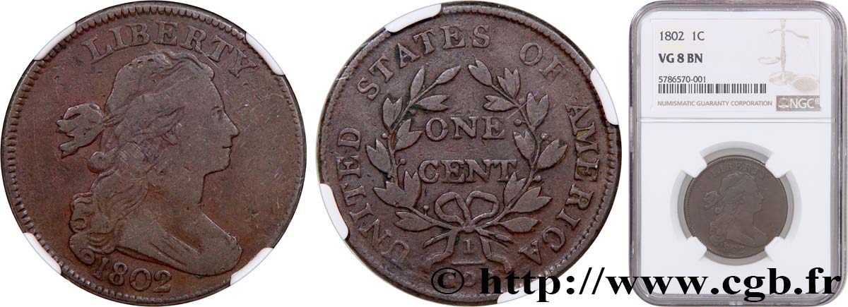 ESTADOS UNIDOS DE AMÉRICA 1 Cent “Draped Bust” 1802 Philadelphie BC NGC