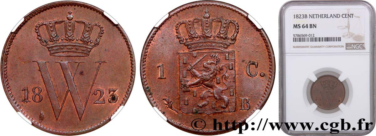 KINGDOM OF THE NETHERLANDS - WILLIAM I 1 Cent monogramme de Guillaume Ier 1823 Bruxelles MS64 NGC