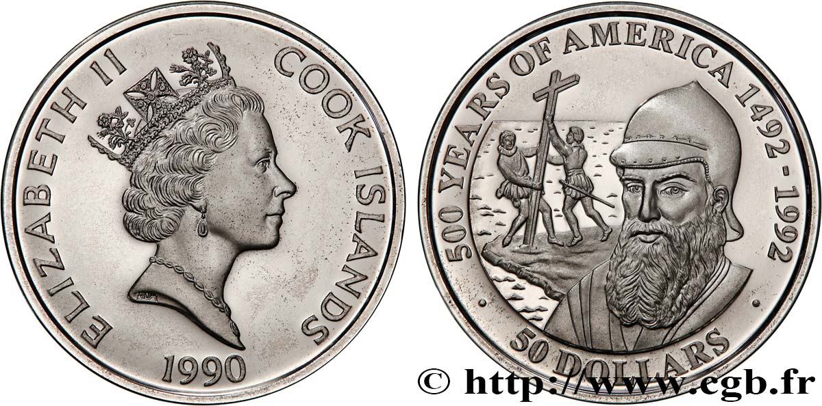 COOK ISLANDS 50 Dollar Proof 500 ans de la découverte de l’Amérique 1990  MS 