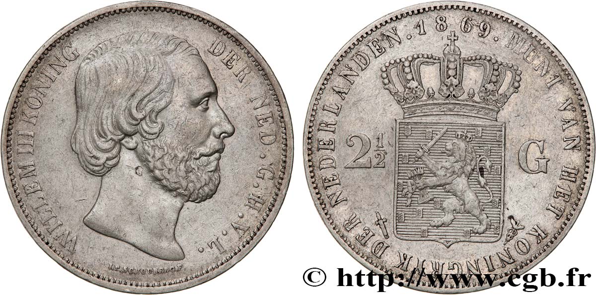 NETHERLANDS - KINGDOM OF THE NETHERLANDS - WILLIAM III 2 1/2 Gulden  1869 Utrecht XF 