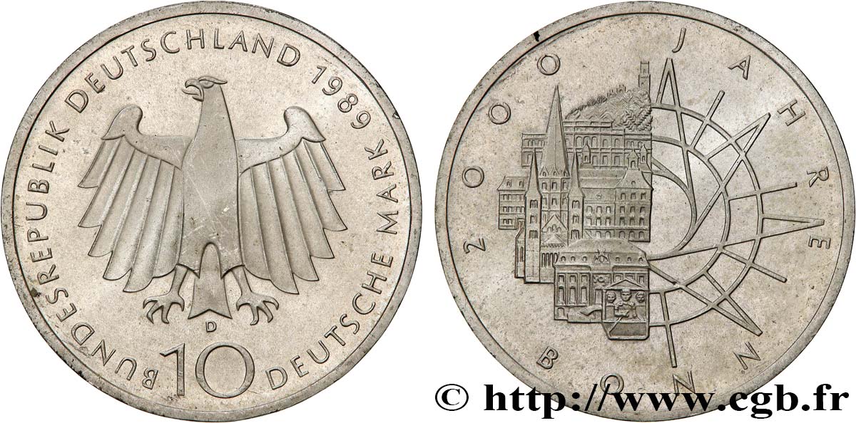 DEUTSCHLAND 10 Mark Proof aigle héraldique / 2000e anniversaire de la fondation de Bonn 1989 Munich fST 
