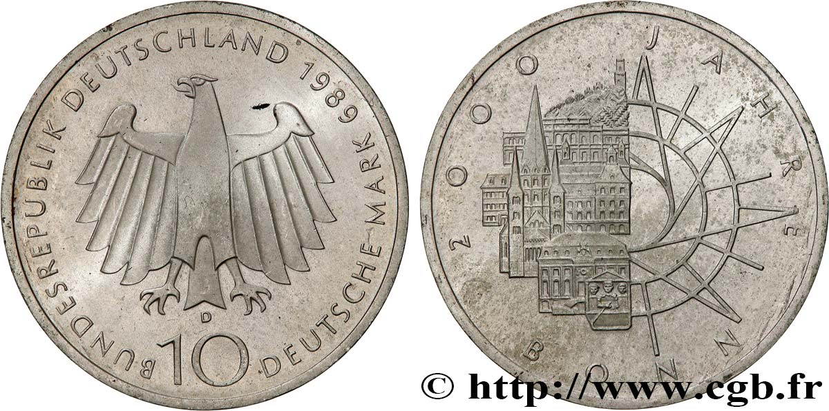 ALLEMAGNE 10 Mark Proof aigle héraldique / 2000e anniversaire de la fondation de Bonn 1989 Munich SPL 