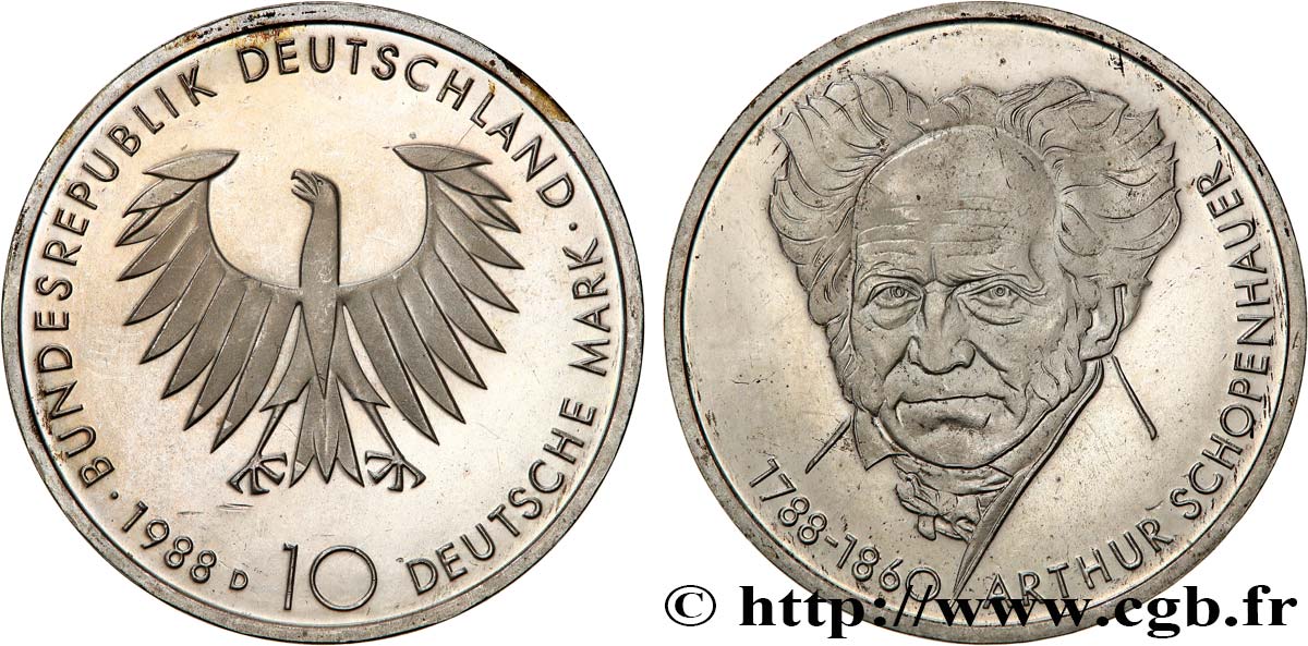 GERMANIA 10 Mark Proof Schopenhauer 1988 Munich MS 