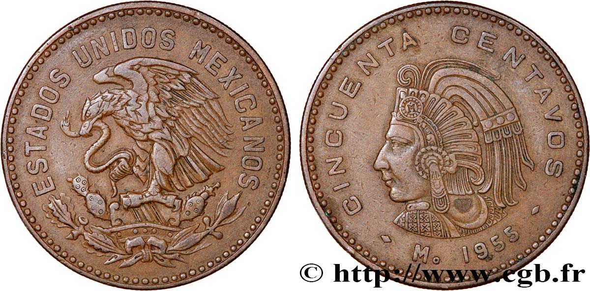 MÉXICO 50 Centavos Empereur Cuauhtémoc 1955 Mexico MBC 