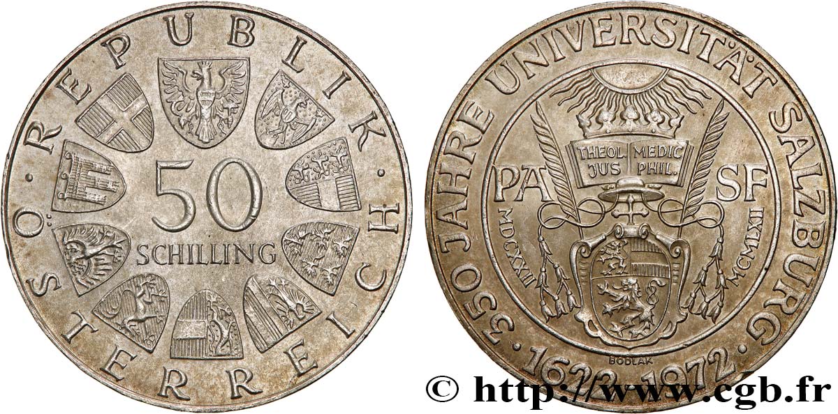 AUTRICHE 50 Schilling 350e anniversaire de l’université de Salzbourg 1972  SUP 