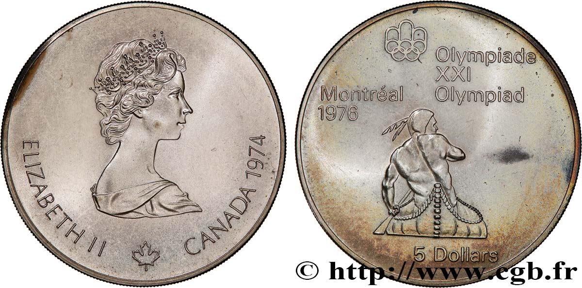 KANADA 5 Dollars JO Montréal 1976 indien sur canoë / Elisabeth II 1974  fST 