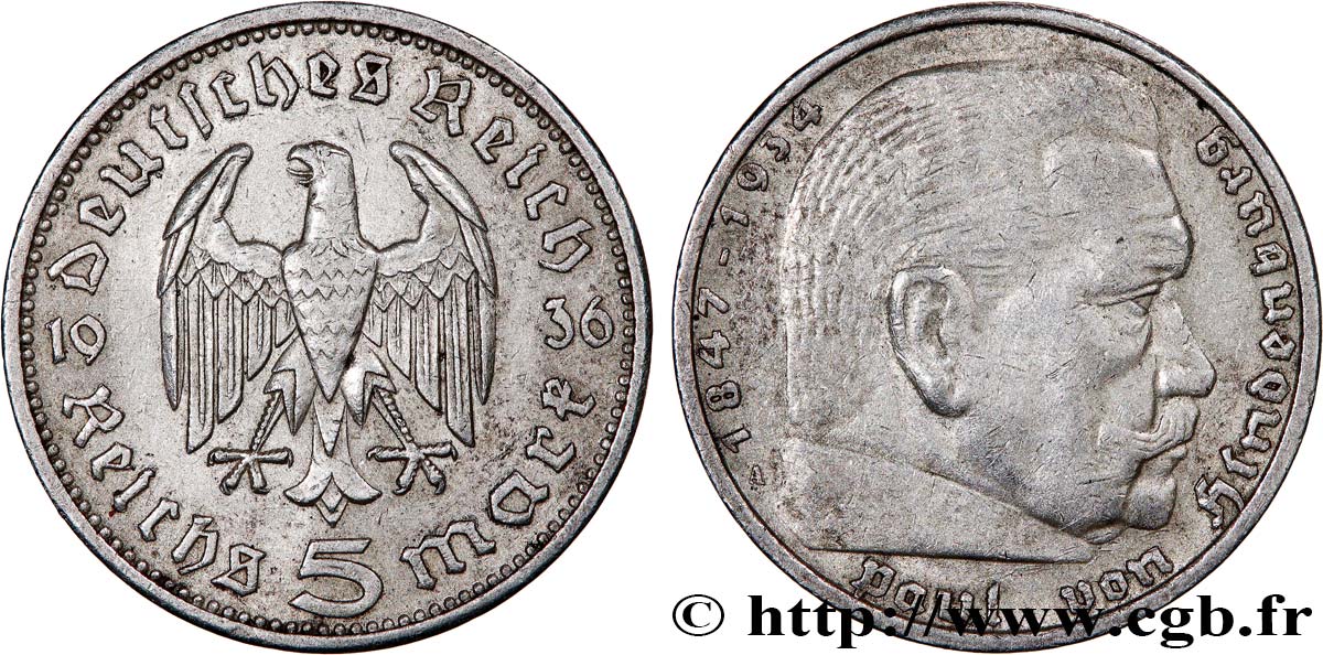 DEUTSCHLAND 5 Reichsmark Maréchal Paul von Hindenburg 1936 Berlin SS 